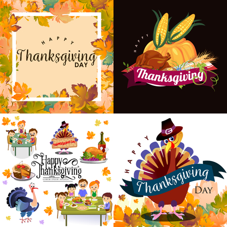 Harvest set, organic foods like fruit and vegetables, happy thanksgiving dinner background, vector illustration harvesting with pumpkin and stack of wheat ears, cranberry berries, bunches of grapesのイラスト素材