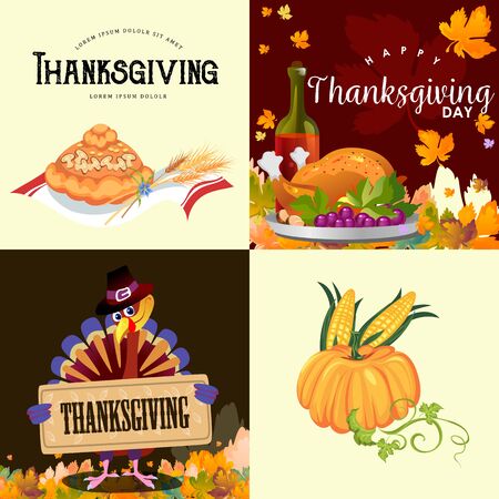 Harvest set, organic foods like fruit and vegetables, happy thanksgiving dinner background, vector illustration harvesting with pumpkin and stack of wheat ears, cranberry berries, bunches of grapesの写真素材