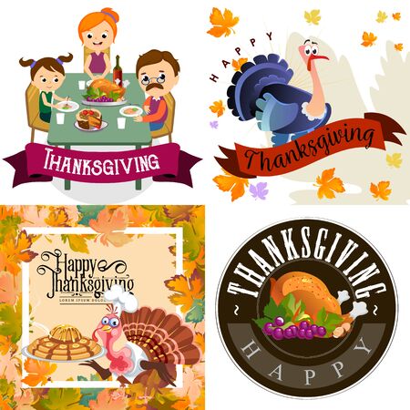 Harvest set, organic foods like fruit and vegetables, happy thanksgiving dinner background, vector illustration harvesting with pumpkin and stack of wheat ears, cranberry berries, bunches of grapesの写真素材