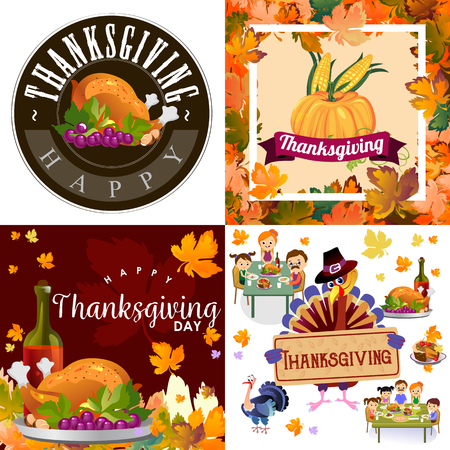 Harvest set, organic foods like fruit and vegetables, happy thanksgiving dinner background, vector illustration harvesting with pumpkin and stack of wheat ears, cranberry berries, bunches of grapesのイラスト素材