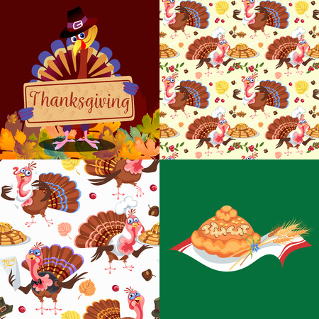 Harvest set, organic foods like fruit and vegetables, happy thanksgiving dinner background, vector illustration harvesting with pumpkin and stack of wheat ears, cranberry berries, bunches of grapesの写真素材