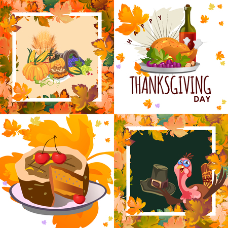 Harvest set, organic foods like fruit and vegetables, happy thanksgiving dinner background, vector illustration harvesting with pumpkin and stack of wheat ears, cranberry berries, bunches of grapesのイラスト素材