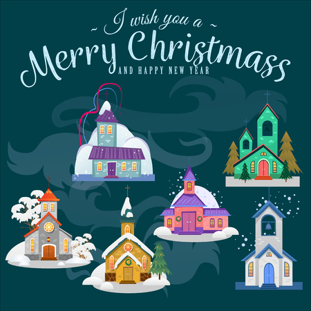 Merry christmas and happy new year card, church and green tree under snow, christianity and Catholic winter city cathedral vector illustration, religious holy background.のイラスト素材