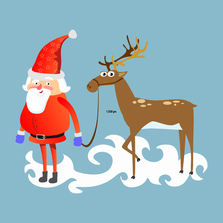Santa claus in red hat and jacket, with beard holding reindeerのイラスト素材