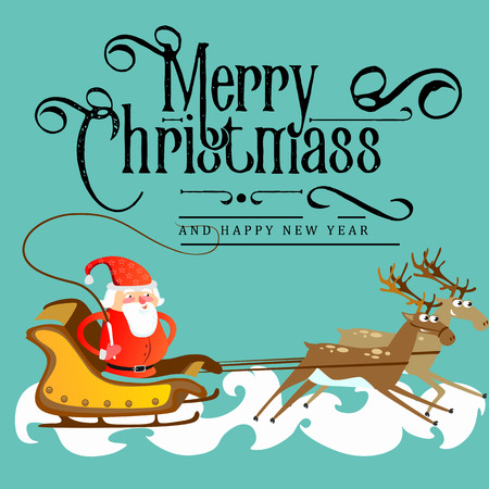 Santa claus in a red hat and jacket, with a beard rushes in a sleigh chasing his reindeer, marry of christmas and happy new year vector illustration.のイラスト素材