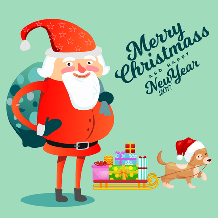 Santa Claus with hefty bag of gifts on his back congratulates everyone with Christmas and happy new year, pet dog puppy is dragging sleigh with festive boxes vector illustration.のイラスト素材