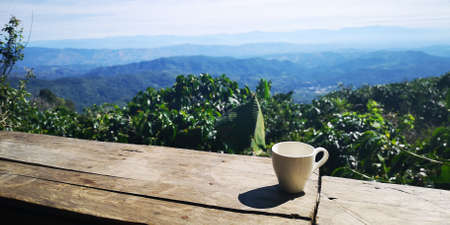 A cup of hot coffee on a wooden floor with sunshine and mountains as background â Imageの写真素材