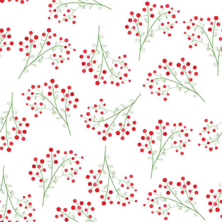 Red bearberry cotoneaster branch with green leaves, line contour, seamless, vectorのイラスト素材