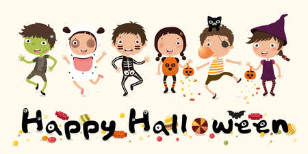 Happy Halloween, truck or treat,  Set of cute cartoon children in colorful Halloween costumesのイラスト素材