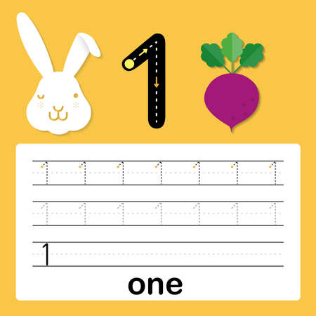 Number one, card for kids learning to count and to write, worksheet for kids to practice writing skill, Vector illustrationのイラスト素材