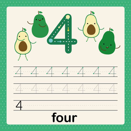 Number 4, card for kids learning to count and to write, worksheet for kids to practice writing skill, Vector illustration, printable worksheet for preschool kids, basic writing skillのイラスト素材