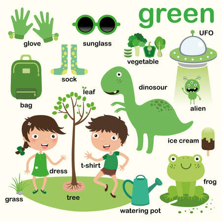 Learn Green color, Educate color and vocabulary set, Illustration of primary colors, Vector illustrationのイラスト素材