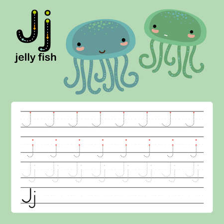 Alphabet tracing worksheet for preschool and kindergarten to improve basic writing skills, letter J, jellyfish, vector, illustrationのイラスト素材