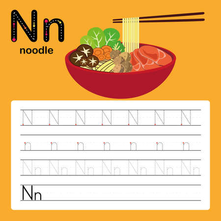 Alphabet tracing worksheet for preschool and kindergarten to improve basic writing skills, letter N, noodle, vector, illustrationのイラスト素材