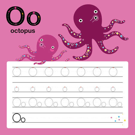 Alphabet tracing worksheet for preschool and kindergarten to improve basic writing skills, letter O, octopus, vector, illustrationのイラスト素材
