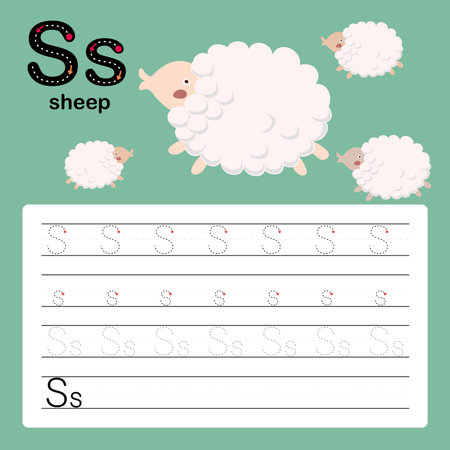 Alphabet tracing worksheet for preschool and kindergarten to improve basic writing skills, letter S, sheep, vector, illustrationのイラスト素材
