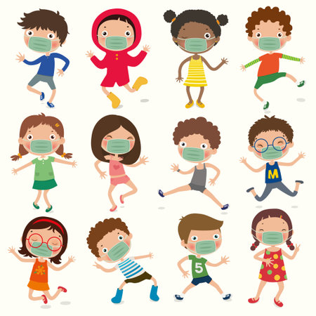 Variety of children gesture, kids wear a Mask to Prevent covid-19, social distance, vector, illustrationのイラスト素材