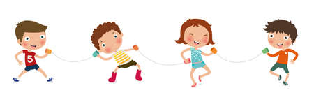 Kids talking with cup telephone, transforming sound waves to rope vibration, social distance vector, illustrationのイラスト素材