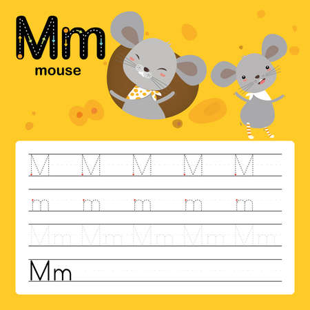 M, mouse, Alphabet tracing worksheet for preschool and kindergarten to improve basic writing skills, vector, illustrationのイラスト素材