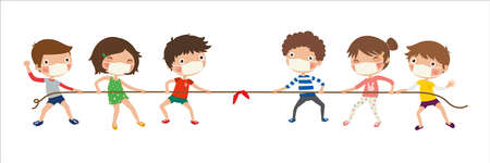 New normal, Kids playing tug of war, Children pull the rope, vector, illustration, Isolated on white backgroundのイラスト素材