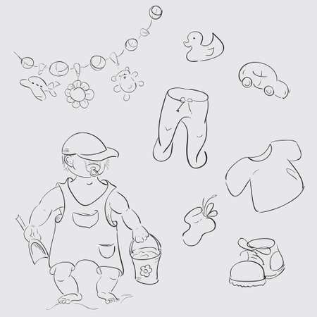 Baby boy, children s toys and clothes sketchesのイラスト素材