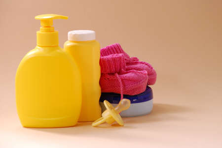 Baby soap, talcum powder, brushes and other bathroom itemsの写真素材