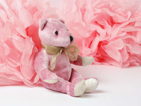 Pink teddy bear and paper decor, pom-pomの写真素材