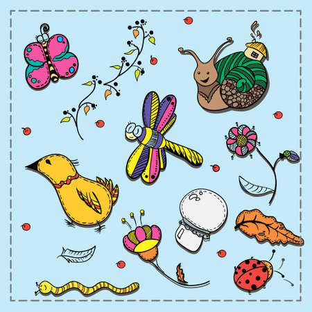Set of doodles flora, insects and birdsのイラスト素材