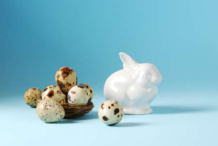 Easter eggs in basket and white porcelain  Bunnyの写真素材