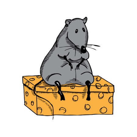 Cute fat cartoon rat on a piece of cheese.のイラスト素材