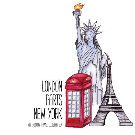 London red telephone box, Statue of Liberty and the Eiffel Tower. Watercolor vector illustrationのイラスト素材