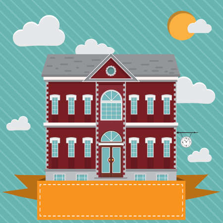 Mansion, red and white old building with clock on the wall.のイラスト素材
