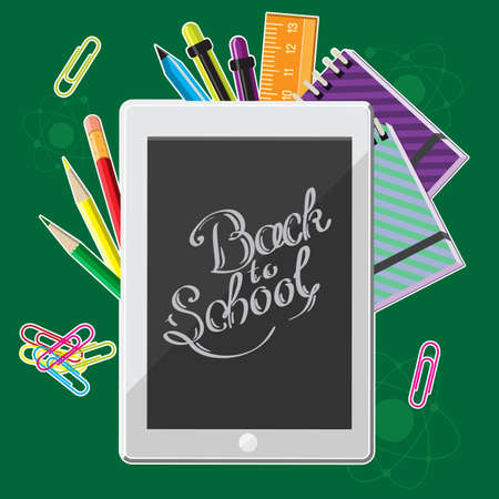 Hand drawn back to school lettering illustration with set of  supplies and computer tabletのイラスト素材