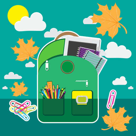 Calligraphic Back to school illustration with set of stationery and computer tablet on a blue sky background with autumn clouds and leavesのイラスト素材