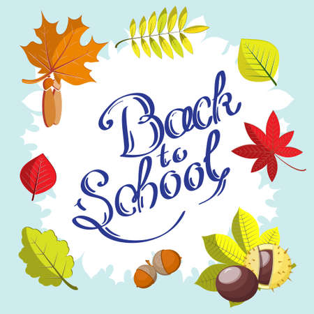 Calligraphic Back to school written by the hand surrounded by frame with autumn leavesのイラスト素材