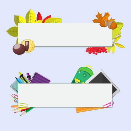 set of two banners with seasonal background, school supplies and autumn leavesのイラスト素材