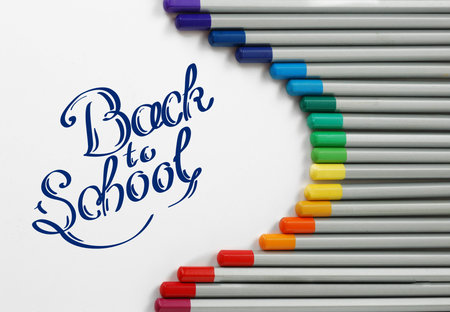 Sharpened monochrome pencils with multicolor slate-pencil on a white background with hand drawn Back...