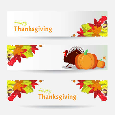 Vector banners for Thanksgiving Day with pumpkin, autumn leaves and turkeyのイラスト素材