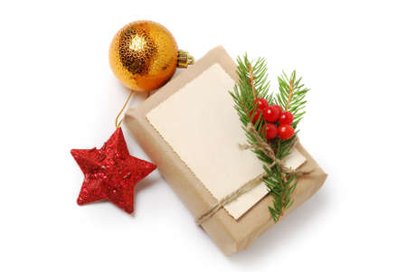 Craft gift boxes with greeting card for text. Christmas, New Year holiday backgroundの写真素材