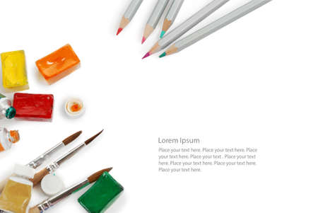 Set of color pencils used watercolor boxes, tubes and paint brushesの写真素材