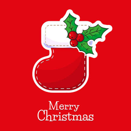 Beautiful christmas sock with Poinsettia (Christmas Star) on a greeting card template in front of red backgroundのイラスト素材