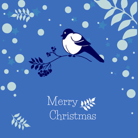 Christmas  card with bullfinch and rowan branch on a blue backgroundのイラスト素材