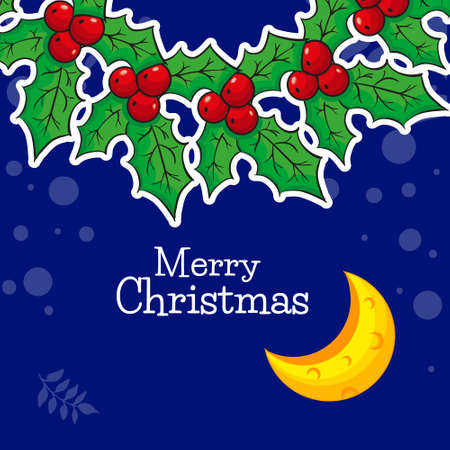 Greeting card with wreath from Poinsettia, Christmas Star and bright moon and snow dots on a blue background.のイラスト素材