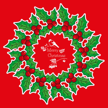 Greeting card with wreath from Poinsettia, Christmas Star on a red backgroundのイラスト素材