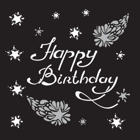 happy birthday lettering with hand drawn comet and stars on a black background. vector illustrationのイラスト素材