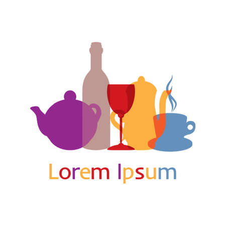 Tableware objects group. Silhouettes of Bottle of wine, glasses, Teapot and cup. isolated on a white. template for your cafe or restaurant. Menu headerのイラスト素材