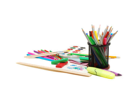 Group of school supplies, watercolor paints, color pencils and markers.の写真素材