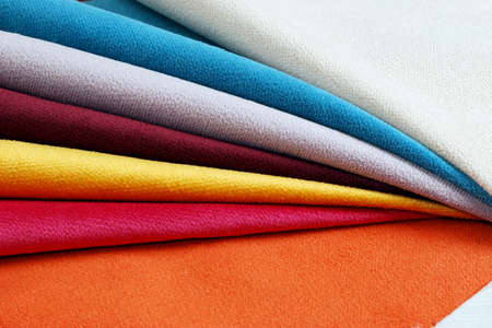 Bright collection of colorful velour textile samples. Fabric texture backgroundの写真素材