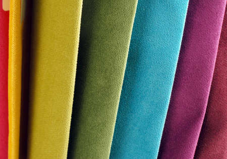 Bright collection of colorful velour textile samples. Fabric texture backgroundの写真素材