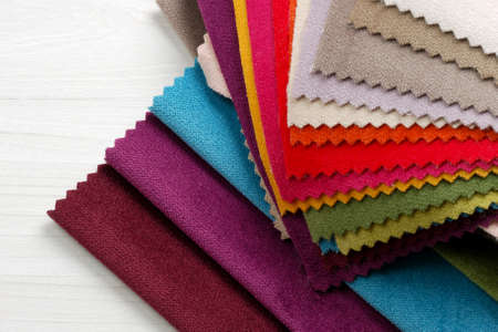 Bright collection of colorful velour textile samples. Fabric texture backgroundの写真素材